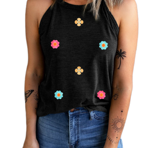 Women's Floral Embroidered Tank, Casual Black Summer Top - Main View