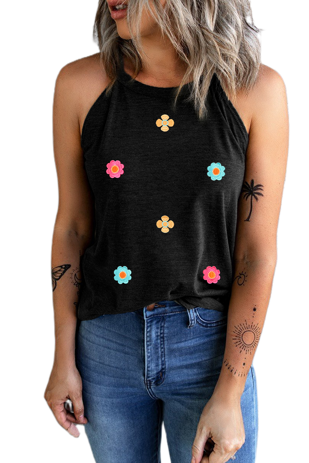 Women's Floral Embroidered Tank, Casual Black Summer Top - Main View Women's Floral Embroidered Tank, Casual Black Summer Top - Main View
