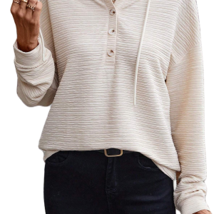 Women's Apricot Henley Hoodie, Textured Long Sleeve Pullover - Main View