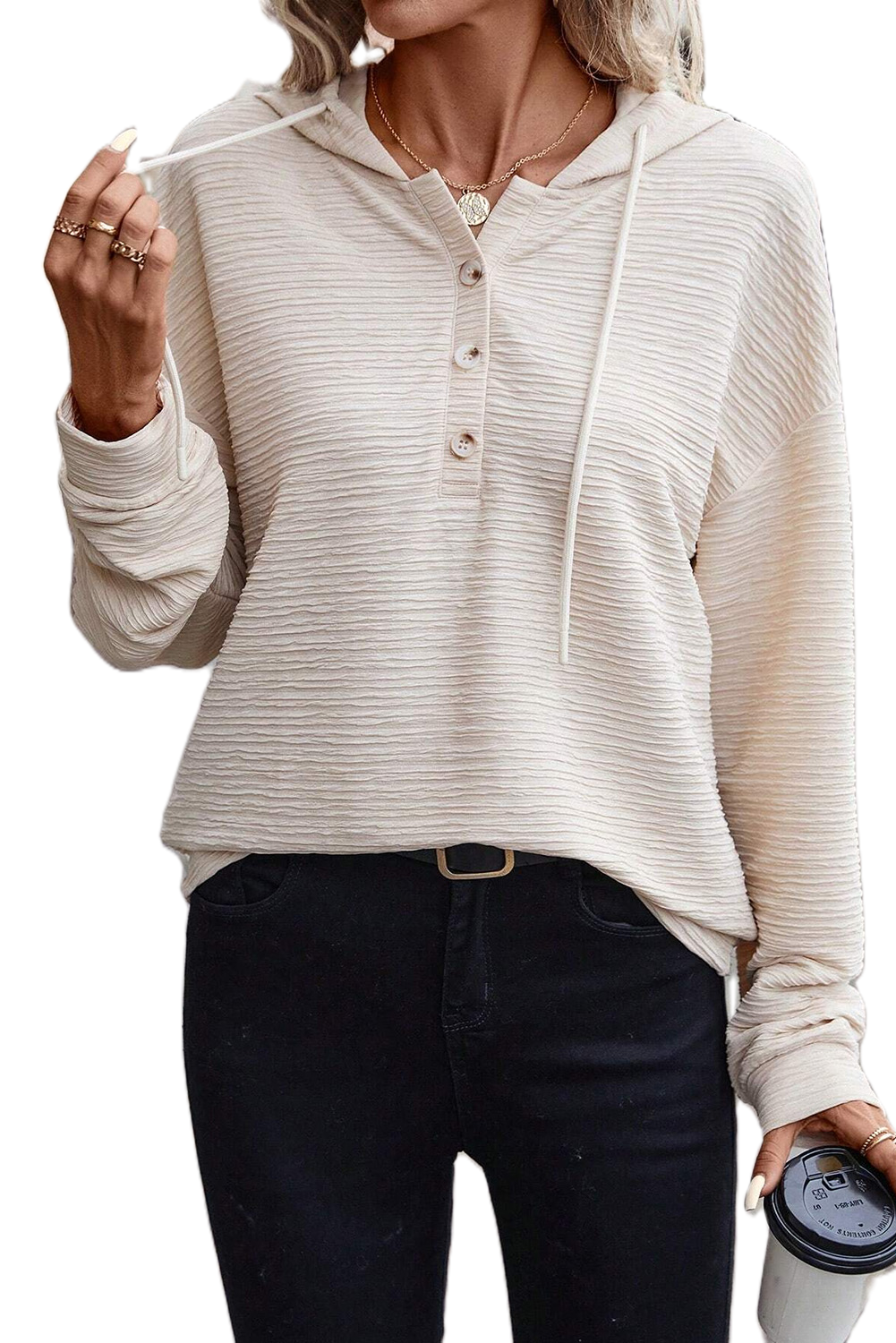 Women's Apricot Henley Hoodie, Textured Long Sleeve Pullover - Main View Women's Apricot Henley Hoodie, Textured Long Sleeve Pullover - Main View
