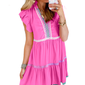 Women's Strawberry Pink Colorblock Ric Rac Flutter Sleeve Mini Dress - Main View