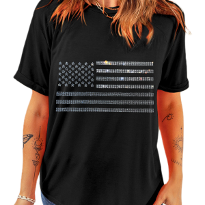 Women's Black Glittering Rhinestone American Flag Pattern T-Shirt - Main View