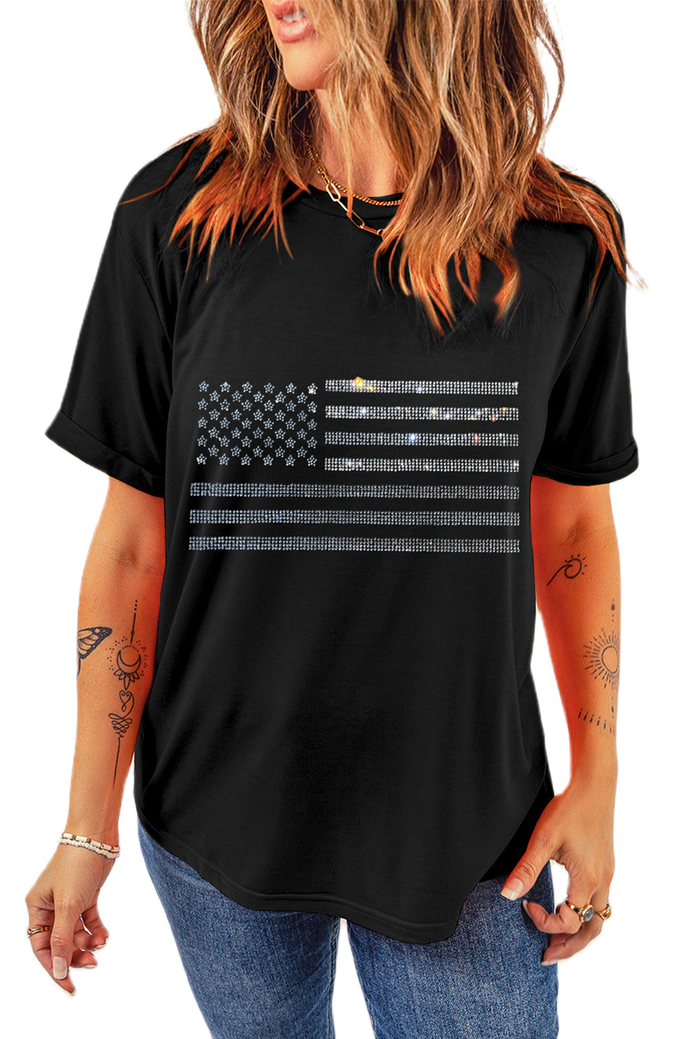 Women's Black Glittering Rhinestone American Flag Pattern T-Shirt - Main View Women's Black Glittering Rhinestone American Flag Pattern T-Shirt - Main View