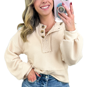 Women's Apricot Corded Texture Lantern Sleeve Buttons Henley Sweatsuit - Main View