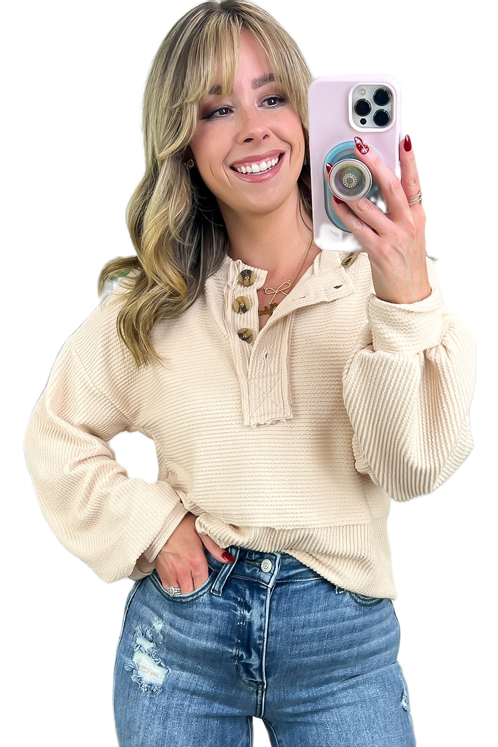 Women's Apricot Corded Texture Lantern Sleeve Buttons Henley Sweatsuit - Main View Women's Apricot Corded Texture Lantern Sleeve Buttons Henley Sweatsuit - Main View