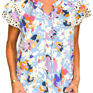 Women's Light Blue Floral Ruffled Flutter Sleeve Tied V Neck Blouse - Main View