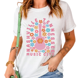 Women's Nashville Guitar T Shirt, Casual Floral Graphic Tee - Main View