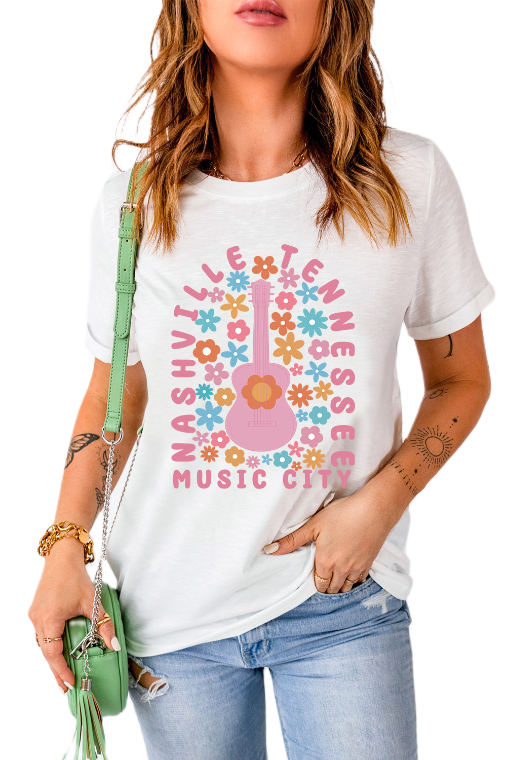 Women's Nashville Guitar T Shirt, Casual Floral Graphic Tee - Main View Women's Nashville Guitar T Shirt, Casual Floral Graphic Tee - Main View