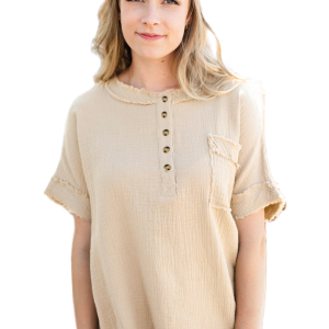 Women's Parchment Button Henley Top, Casual Raw Hem Shirt - Main View