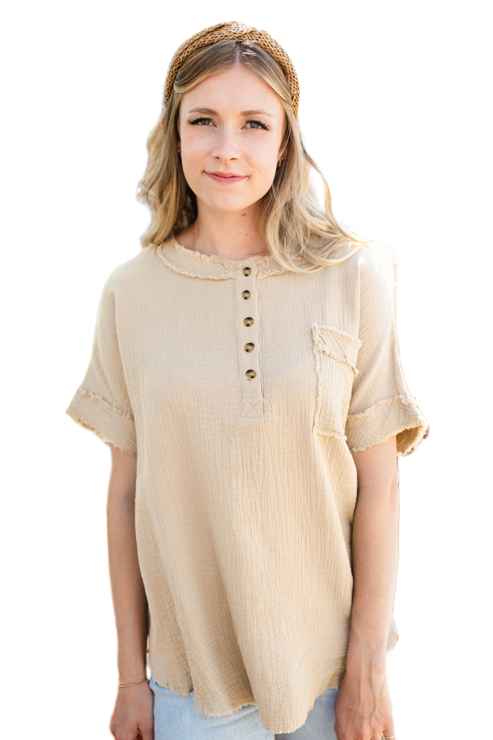 Women's Parchment Button Henley Top, Casual Raw Hem Shirt - Main View Women's Parchment Button Henley Top, Casual Raw Hem Shirt - Main View
