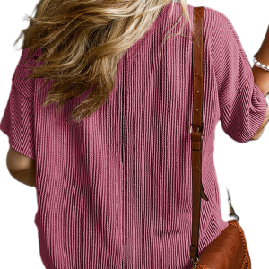 Women's Rose Pink Textured V-Neck Dropped Shoulder Plus Size T-Shirt - Main View