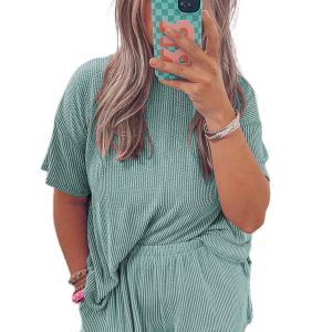 Women's Casual Iceland Blue Textured Knit Two Piece Set: Tees and Shorts - Main View