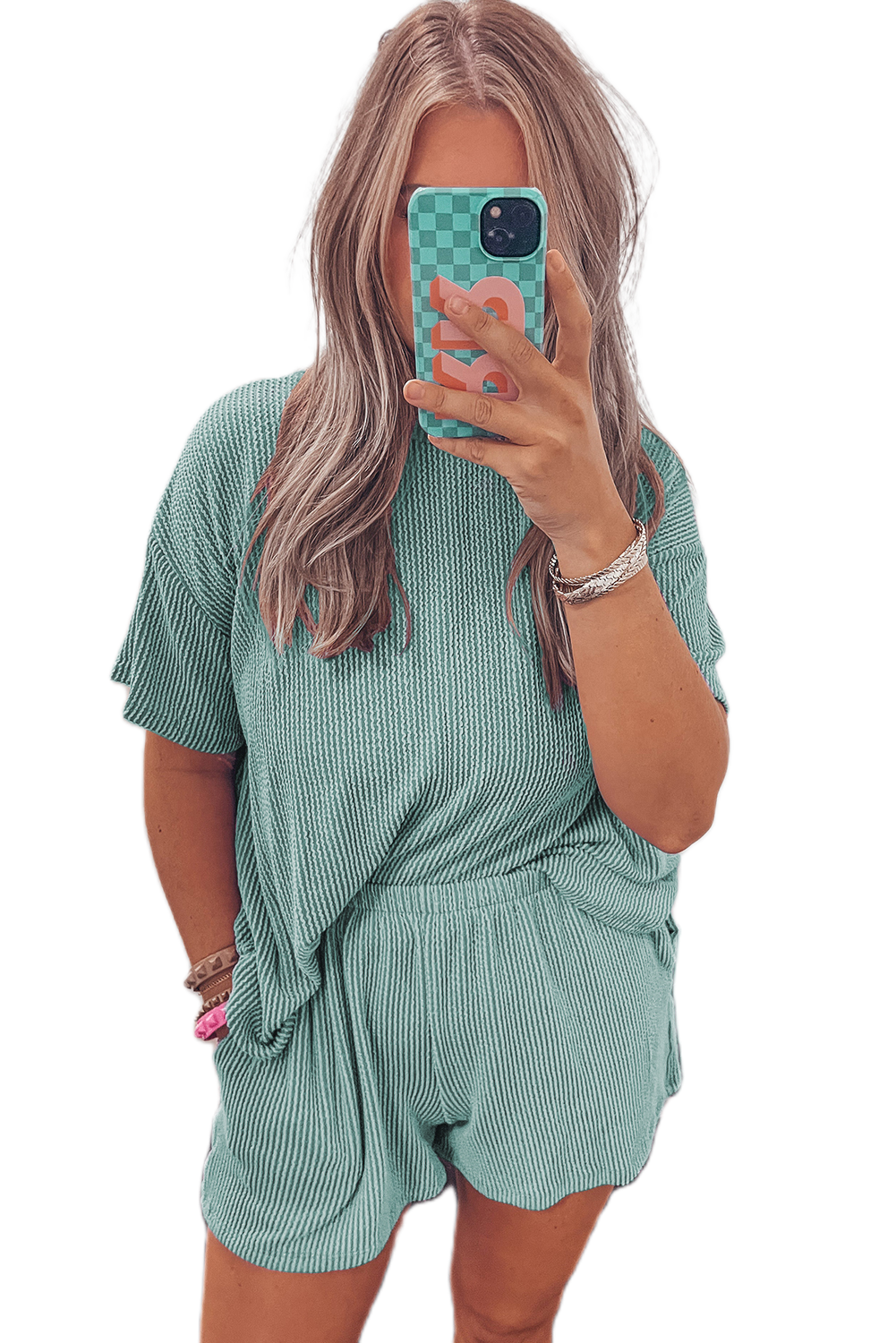Women's Casual Iceland Blue Textured Knit Two Piece Set: Tees and Shorts - Main View Women's Casual Iceland Blue Textured Knit Two Piece Set: Tees and Shorts - Main View
