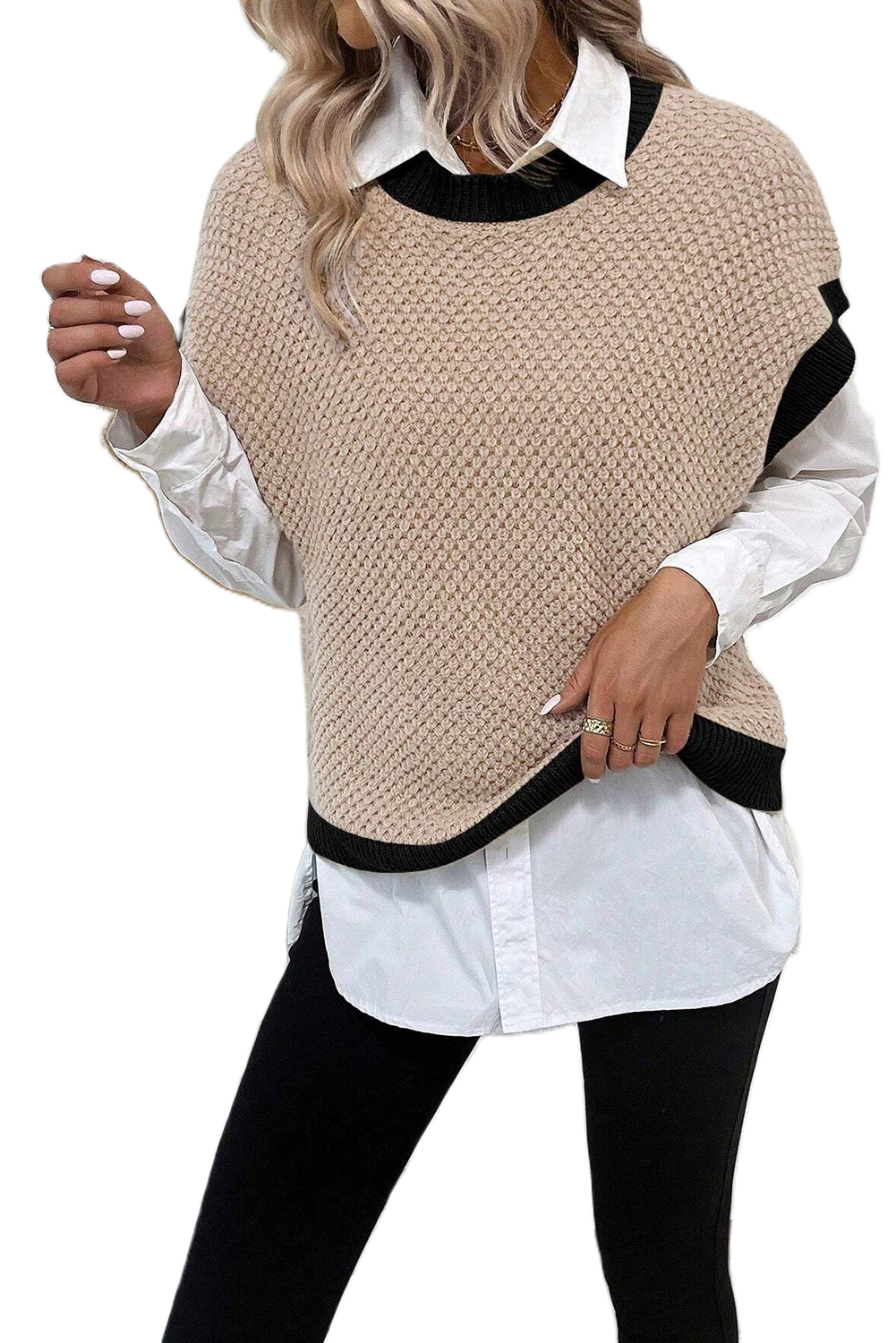 Short Sleeve Sweater Top with Contrast Trim - Main View Short Sleeve Sweater Top with Contrast Trim - Main View