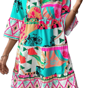 Multicolour Abstract Printed Half Sleeve Notched Neck Mini Dress - Main View