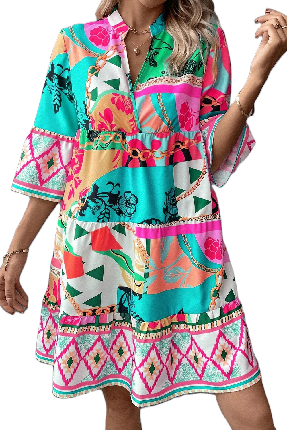 Multicolour Abstract Printed Half Sleeve Notched Neck Mini Dress - Main View Multicolour Abstract Printed Half Sleeve Notched Neck Mini Dress - Main View