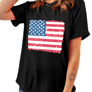 Women's Black American Flag Printed Crewneck T-Shirt - Main View