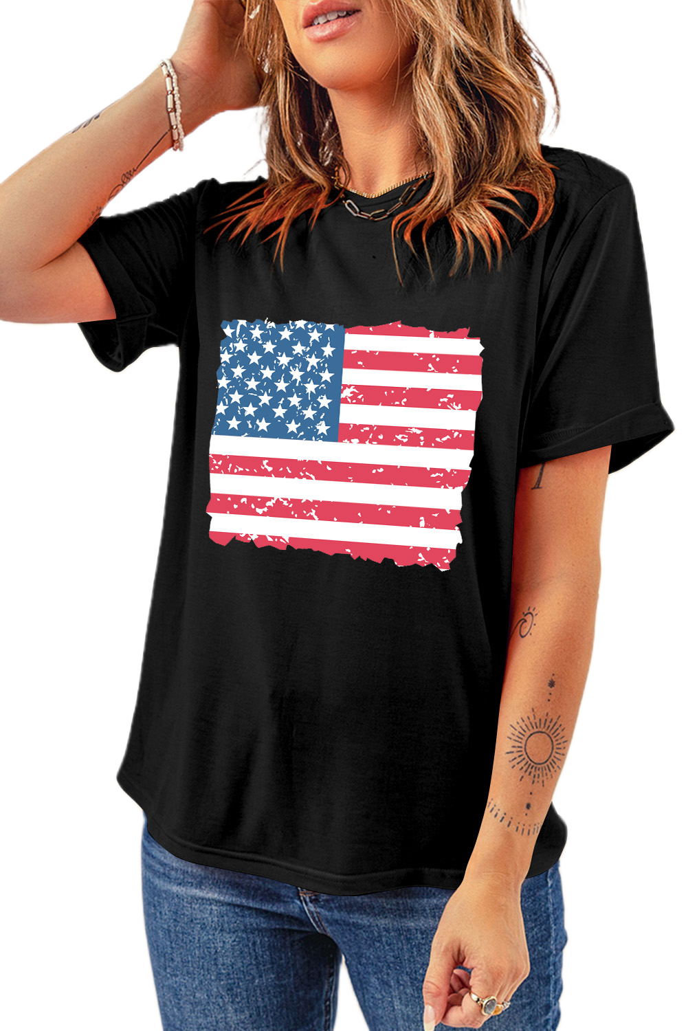Women's Black American Flag Printed Crewneck T-Shirt - Main View Women's Black American Flag Printed Crewneck T-Shirt - Main View