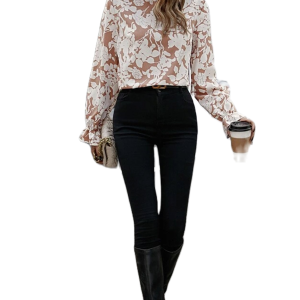 Women's Floral Blouse, Elegant Long Sleeve Frilled Neck Top - Main View