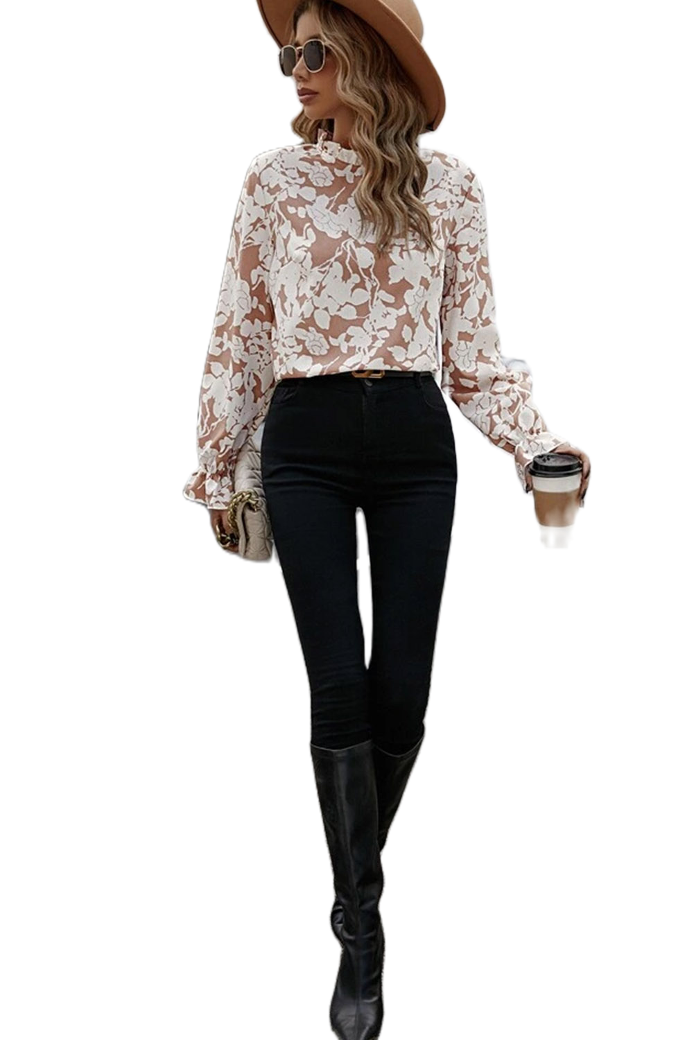Women's Floral Blouse, Elegant Long Sleeve Frilled Neck Top - Main View Women's Floral Blouse, Elegant Long Sleeve Frilled Neck Top - Main View