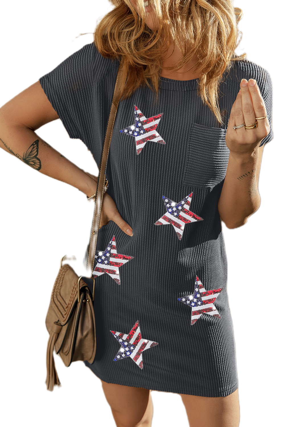 Women's Star Sequin T-shirt Dress, Casual Ribbed Shift Gray - Main View Women's Star Sequin T-shirt Dress, Casual Ribbed Shift Gray - Main View