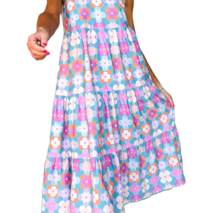 Women's Skirted Sleeveless Tiered Maxi Dress with Frilly Neck and Floral Print - Main View