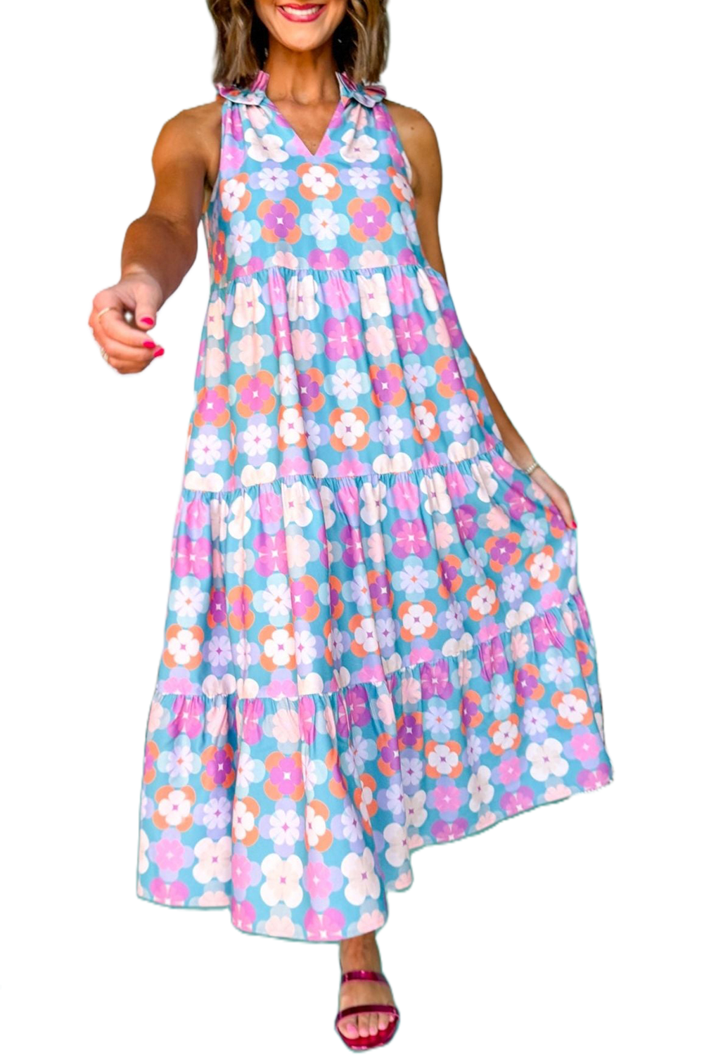 Women's Skirted Sleeveless Tiered Maxi Dress with Frilly Neck and Floral Print - Main View Women's Skirted Sleeveless Tiered Maxi Dress with Frilly Neck and Floral Print - Main View