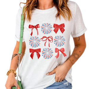 Women's Patriotic Graphic Tee, Firework And Bowknot Print - Main View