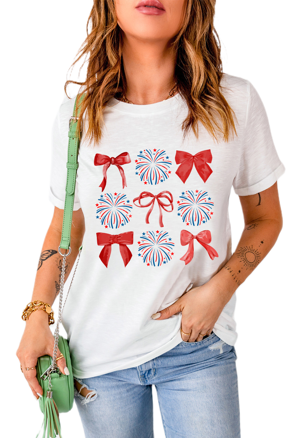 Women's Patriotic Graphic Tee, Firework And Bowknot Print - Main View Women's Patriotic Graphic Tee, Firework And Bowknot Print - Main View