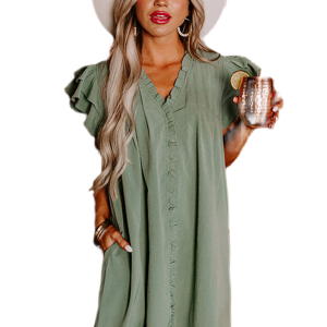 Women's Mist Green Ruffle Sleeve V-Neck Shift Dress - Main View