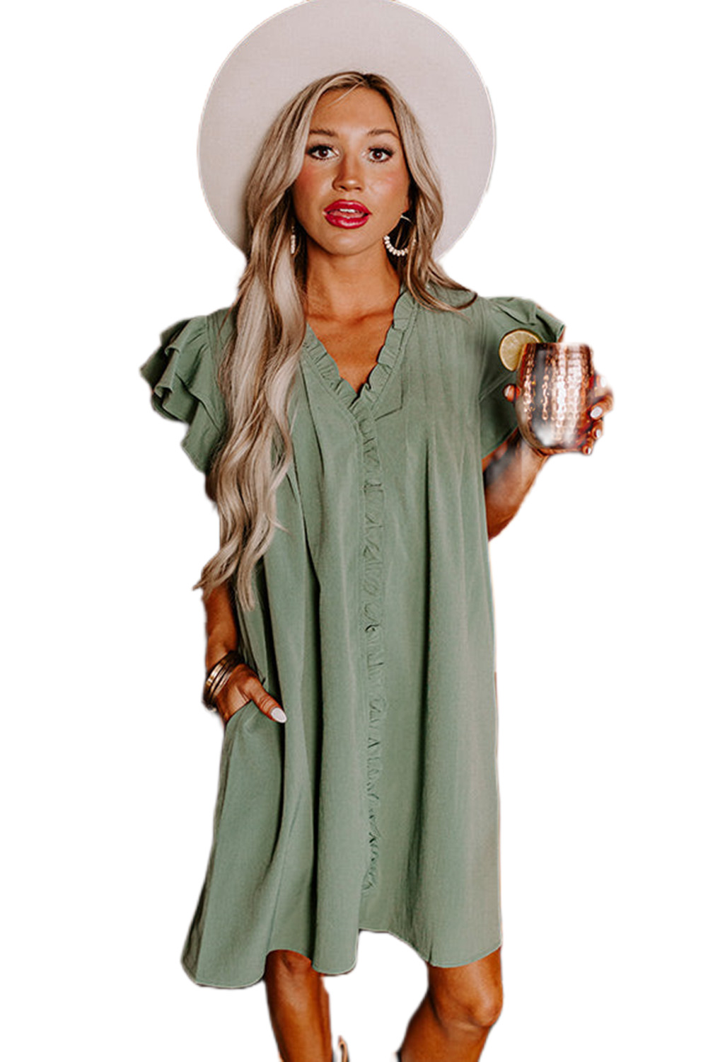 Women's Mist Green Ruffle Sleeve V-Neck Shift Dress - Main View Women's Mist Green Ruffle Sleeve V-Neck Shift Dress - Main View