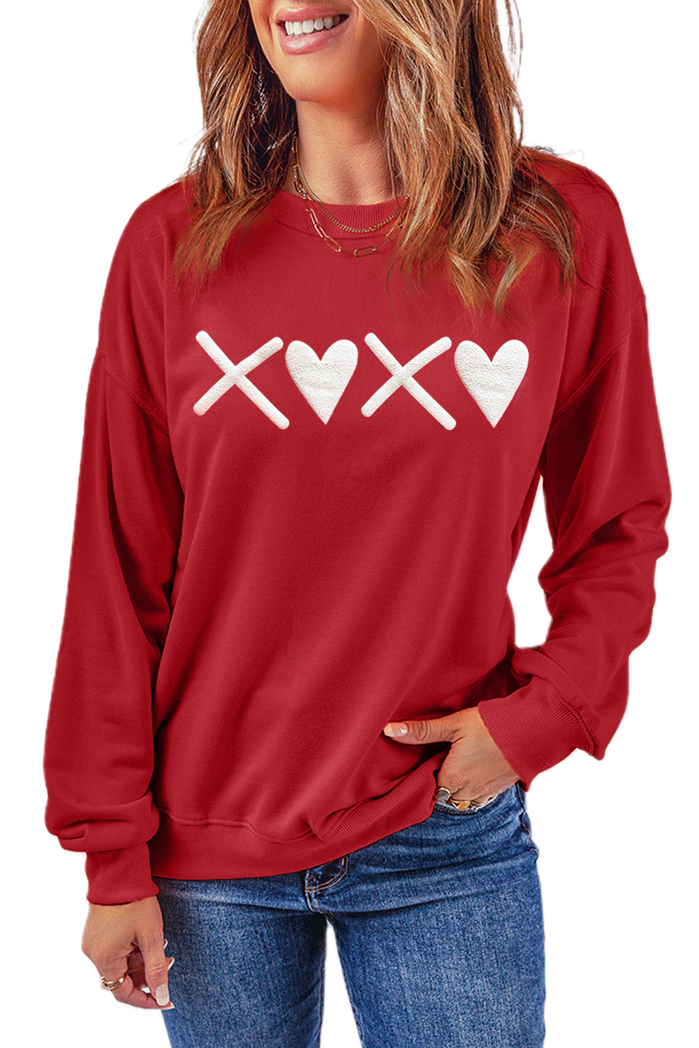 Women's XOXO Heart Sweatshirt, Casual Red Long Sleeve Top - Main View Women's XOXO Heart Sweatshirt, Casual Red Long Sleeve Top - Main View