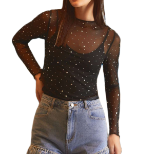 Women's Rhinestone Mesh Top, Sheer Long Sleeve Party Shirt - Main View