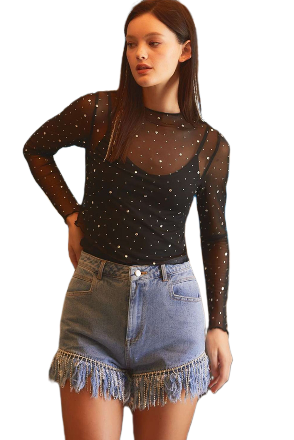 Women's Rhinestone Mesh Top, Sheer Long Sleeve Party Shirt - Main View Women's Rhinestone Mesh Top, Sheer Long Sleeve Party Shirt - Main View