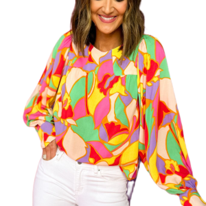 Women's Yellow Abstract Print Puff Sleeve Blouse - Main View