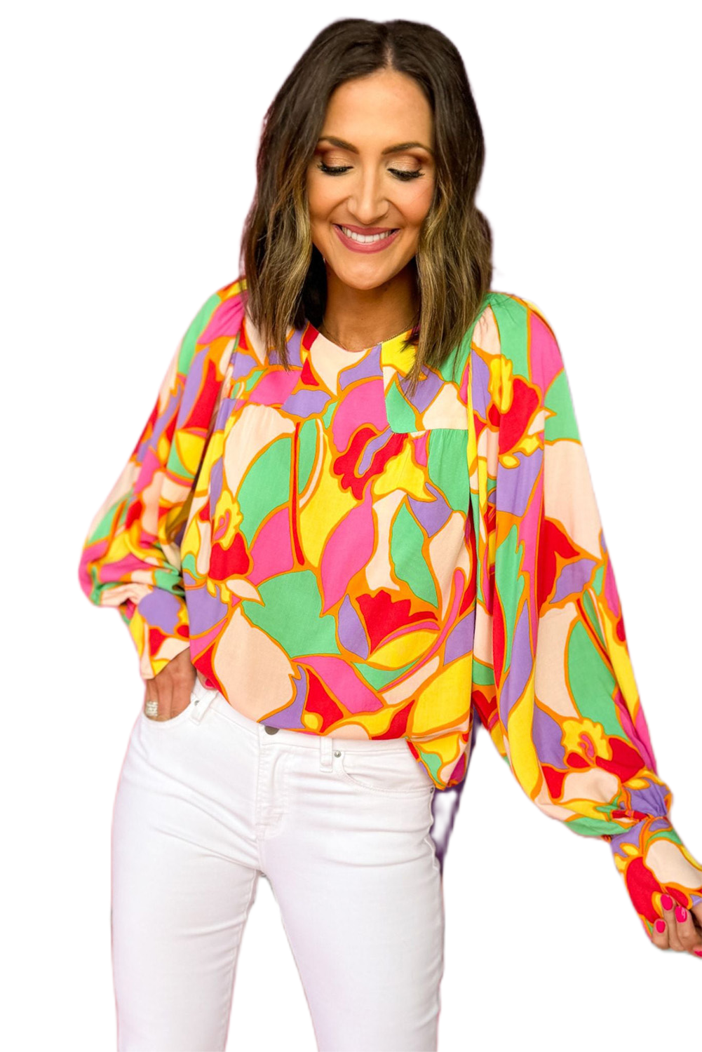 Women's Yellow Abstract Print Puff Sleeve Blouse - Main View Women's Yellow Abstract Print Puff Sleeve Blouse - Main View