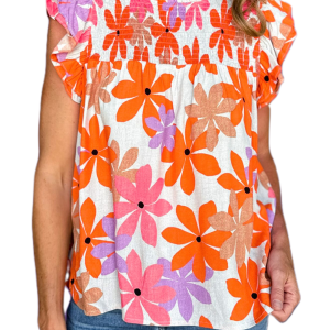 Women's Floral Smocked Top, Orange Ruffled Short Sleeve Blouse - Main View