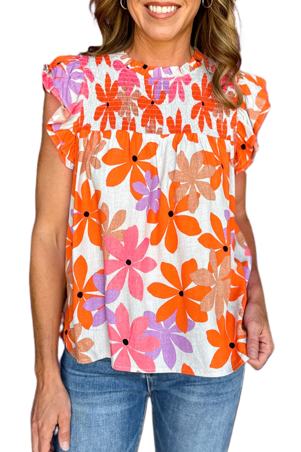 Women's Floral Smocked Top, Orange Ruffled Short Sleeve Blouse - Main View Women's Floral Smocked Top, Orange Ruffled Short Sleeve Blouse - Main View