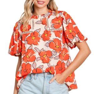 Women's Orange Floral Bubble Sleeve Frill Neck Loose Blouse - Main View
