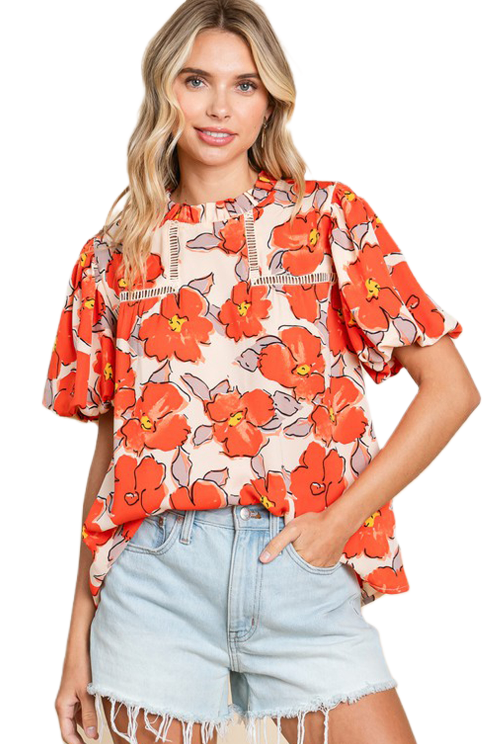 Women's Orange Floral Bubble Sleeve Frill Neck Loose Blouse - Main View Women's Orange Floral Bubble Sleeve Frill Neck Loose Blouse - Main View