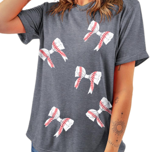 Women's Gray Rugby Bow Knot Print Crewneck T-Shirt - Main View