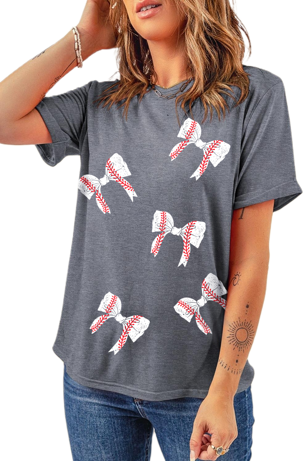 Women's Gray Rugby Bow Knot Print Crewneck T-Shirt - Main View Women's Gray Rugby Bow Knot Print Crewneck T-Shirt - Main View