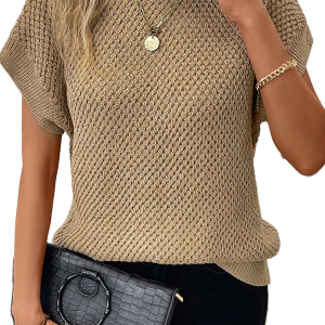Women's Khaki Turtleneck Sweater, Textured Short Sleeve Top - Main View