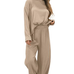 Women's Textured Loungewear Set, Casual Long Sleeve Pullover - Main View