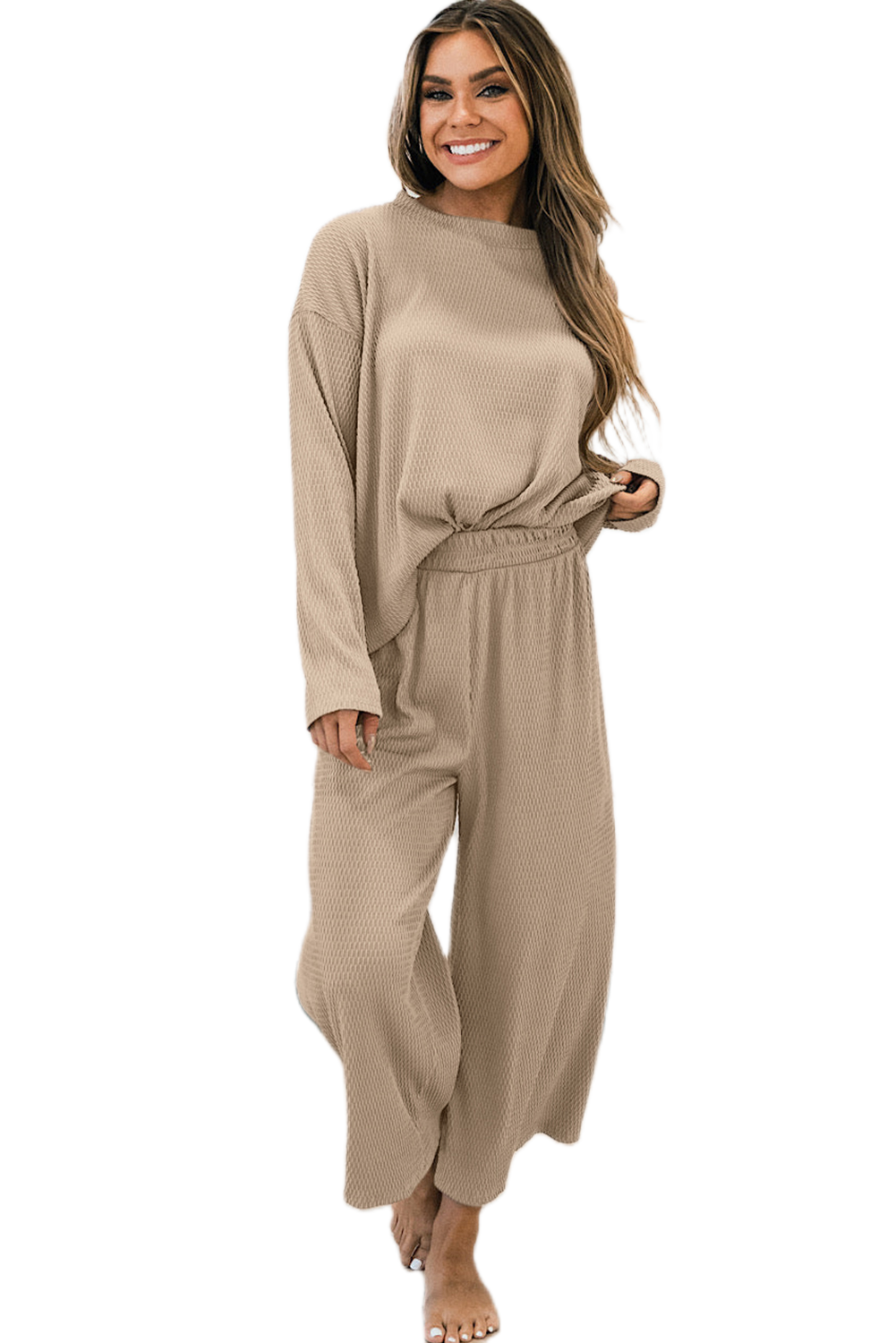 Women's Textured Loungewear Set, Casual Long Sleeve Pullover - Main View Women's Textured Loungewear Set, Casual Long Sleeve Pullover - Main View