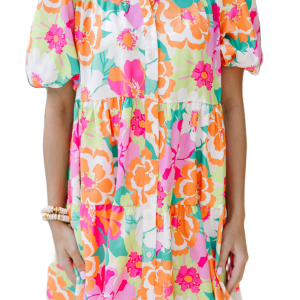Women's Pink Floral Puff Sleeve Collar Buttoned Babydoll Dress - Main View