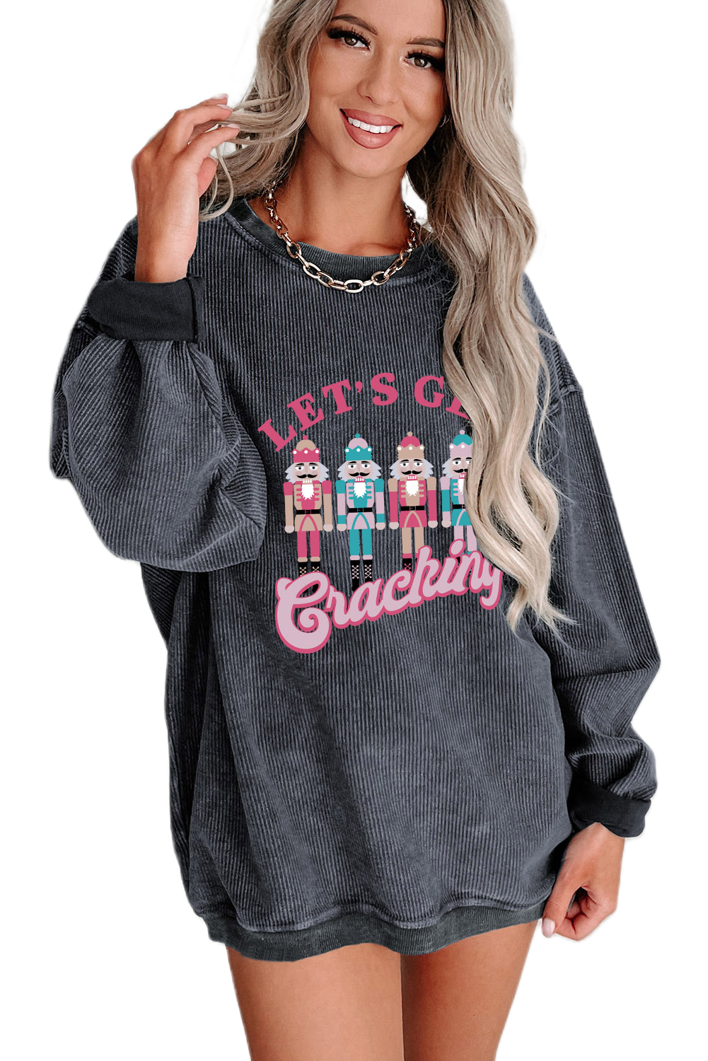 Women's Nutcracker Graphic Sweatshirt, Gray Corded Pullover - Main View Women's Nutcracker Graphic Sweatshirt, Gray Corded Pullover - Main View