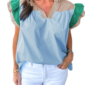 Women's Colorblock Blouse, Ruffled Sleeve V Neck Cotton Top - Main View