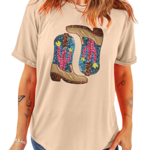 Women's Western Graphic Tee, Khaki Sequin Boot Print Top - Main View