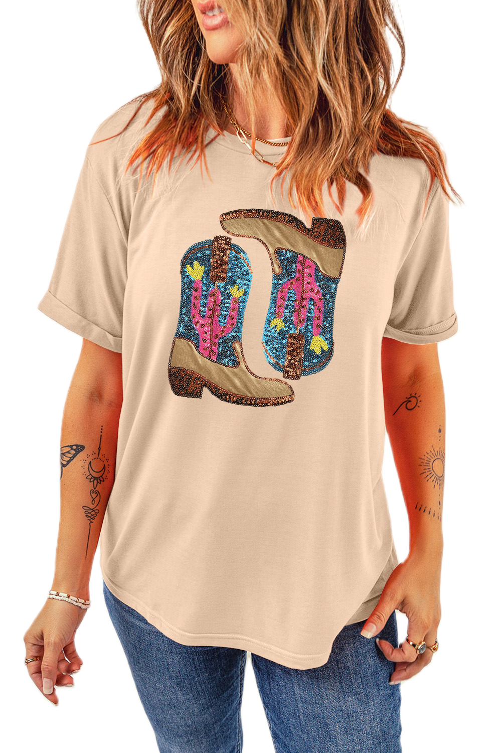 Women's Western Graphic Tee, Khaki Sequin Boot Print Top - Main View Women's Western Graphic Tee, Khaki Sequin Boot Print Top - Main View